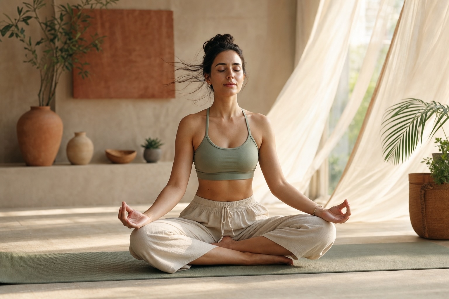 A woman seated in a calm cross-legged breathing pose